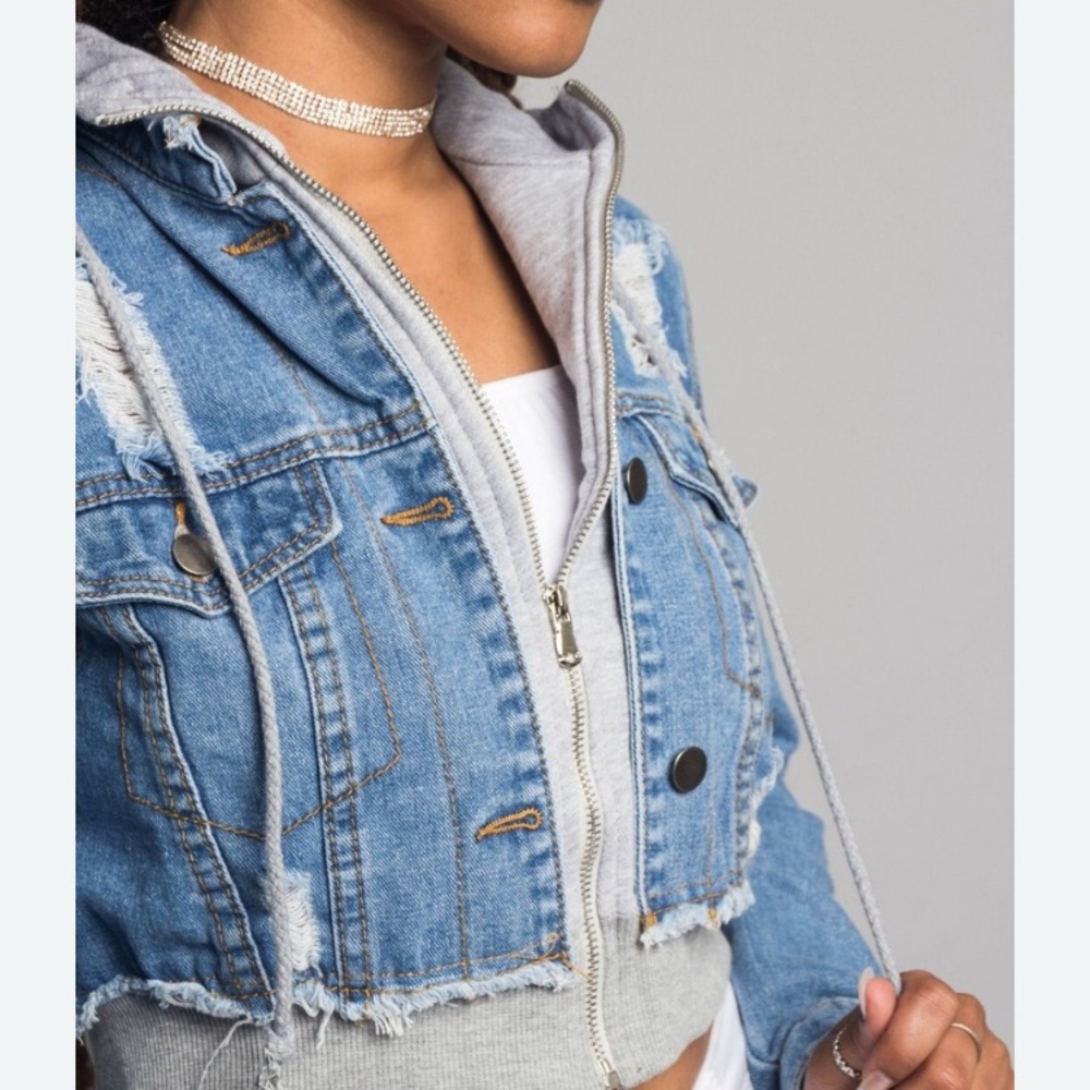 Love chesley Distressed Blue Denim Jacket with Gray Hoodie